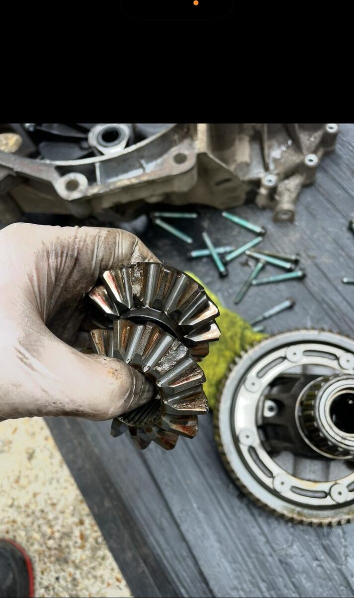 Gearbox differential gears held up during a strip-down