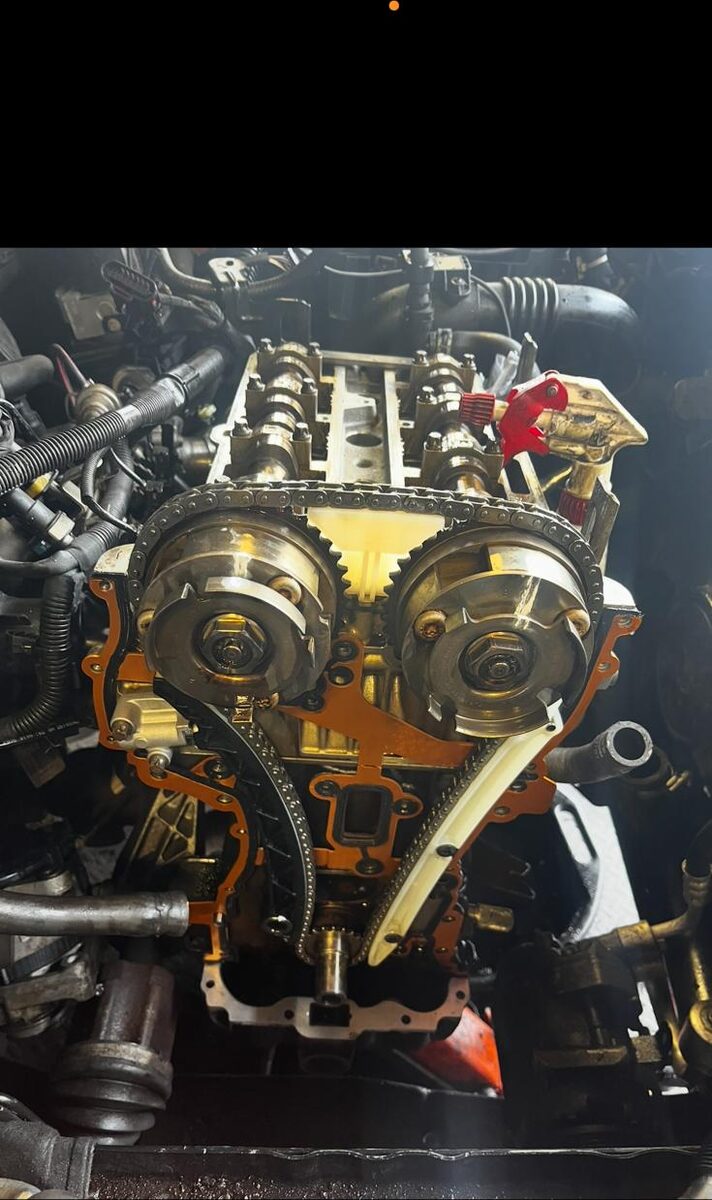 Timing chain and camshaft sprockets exposed on an engine